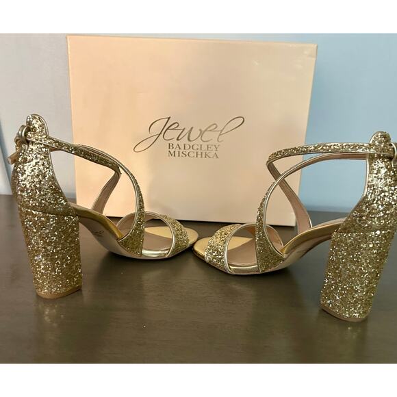 BEAUTIFUL Jewel Badgley Mischka Metallic Gold Glitter Evening Block Heel Sz 6.5 - Picture 5 of 8
